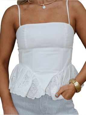 Zara Women's White Eyelet Lace Peplum Cami Top Straight Neckline Small